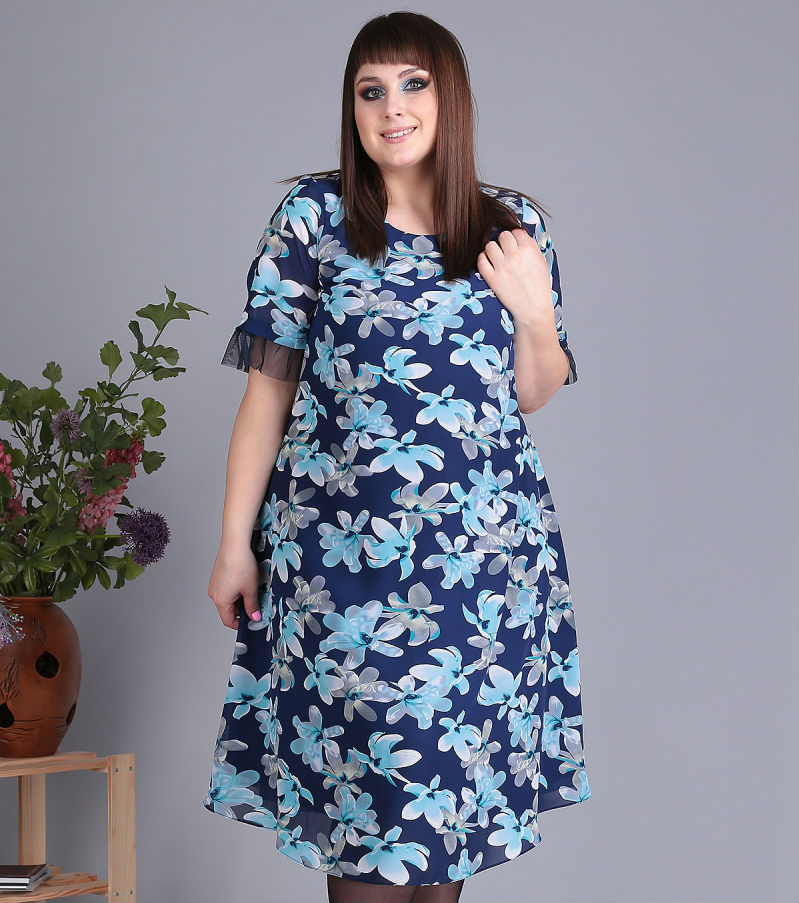 Шифоновое платье со сборкой из сетки на рукавах, синие цветы