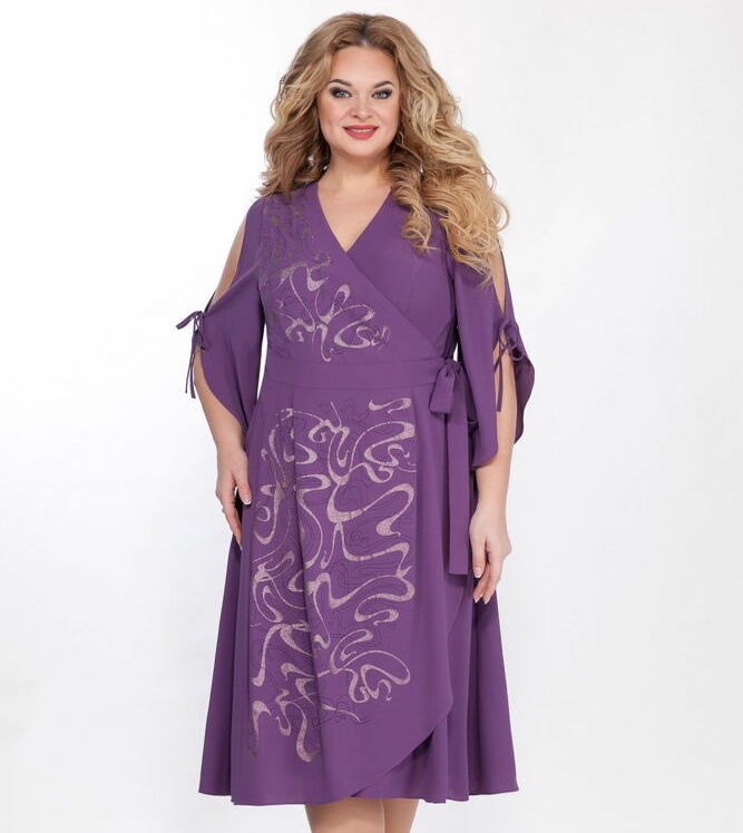 Платье с разрезами на рукавах и печатью, пурпур