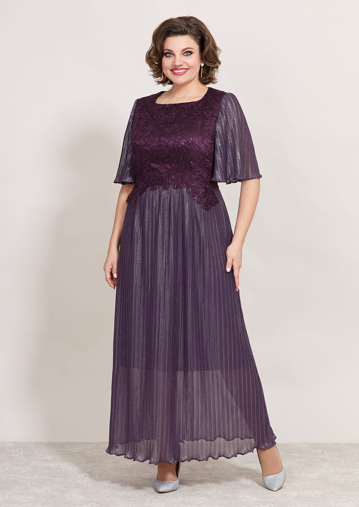 Плиссированное платье с кружевным лифом, фиолетовое