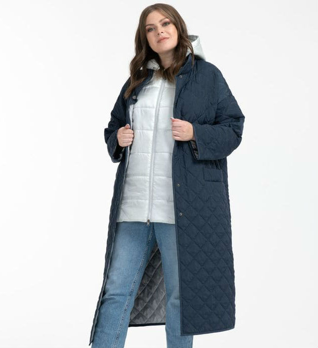 Комплект из длинного пальто и жилета с капюшоном, синий
