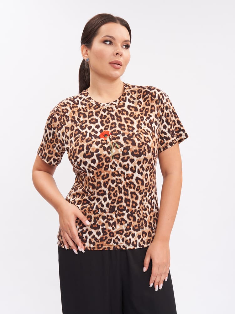 Приталенная трикотажная футболка с вышивкой, леопард