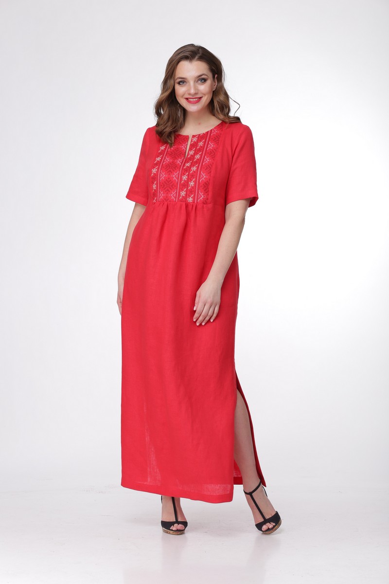 Свободное платье в пол с оригинальной вышивкой, красное