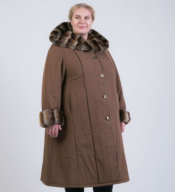 Зимнее пальто-трапеция с мехом под шиншиллу, коричневое