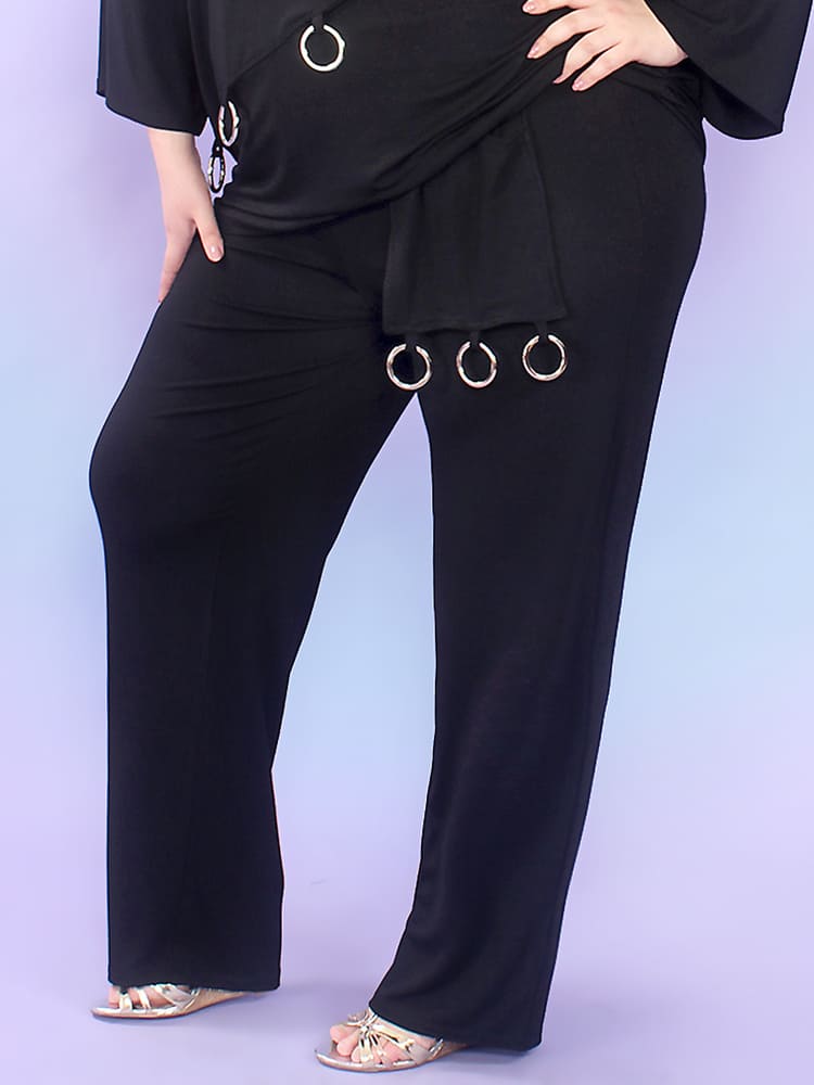 Прямые трикотажные брюки с декором кольцами, черные