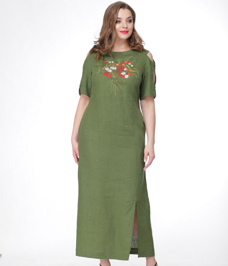 Длинное льняное платье с вырезами на рукавах, зеленое