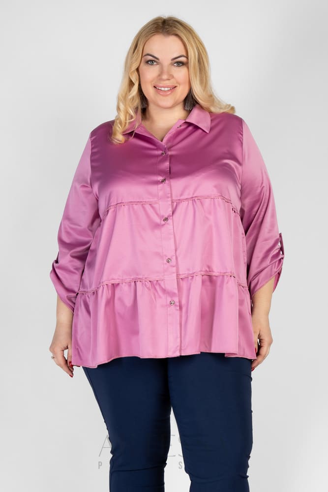 Расклешенная атласная блузка, розовая