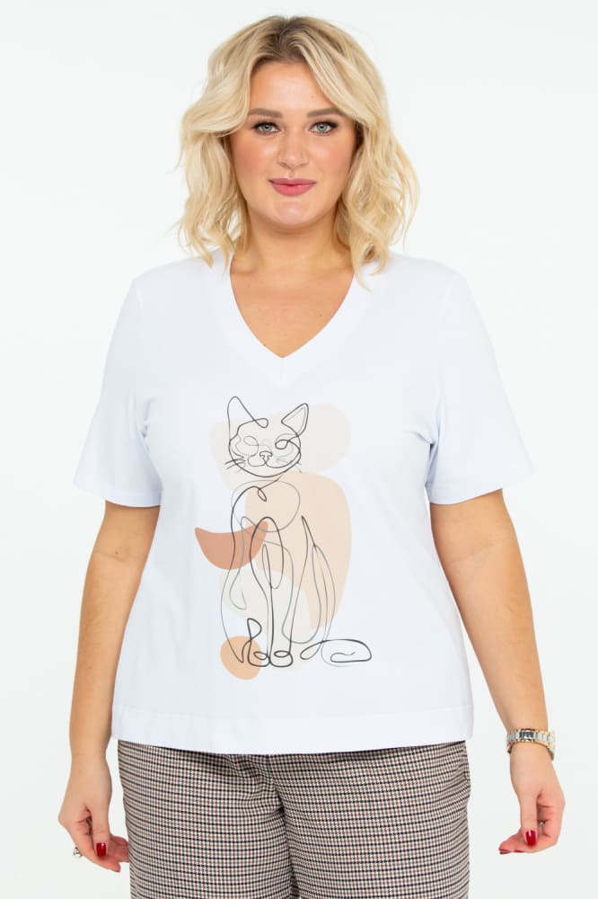 Прямая футболка с принтом "кошка", белая
