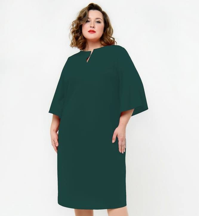 Платье-футляр с расклешенным рукавом, зеленое