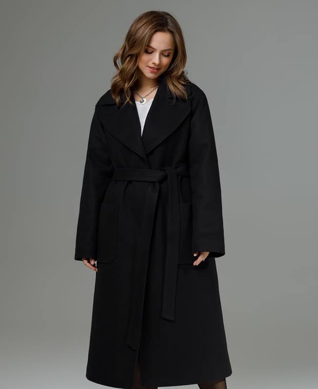 Свободное пальто с пиджачным воротником и поясом, черное