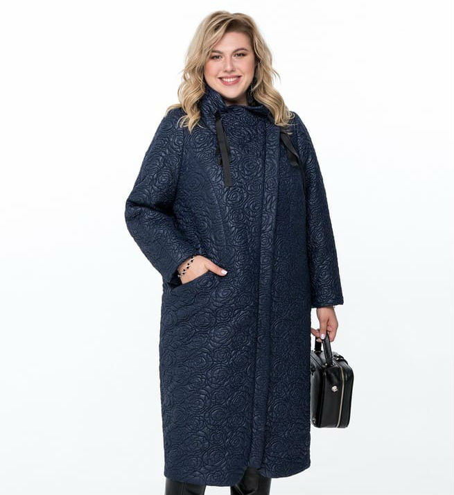 Демисезонное стеганое пальто с асимметричной застежкой, темно-синее