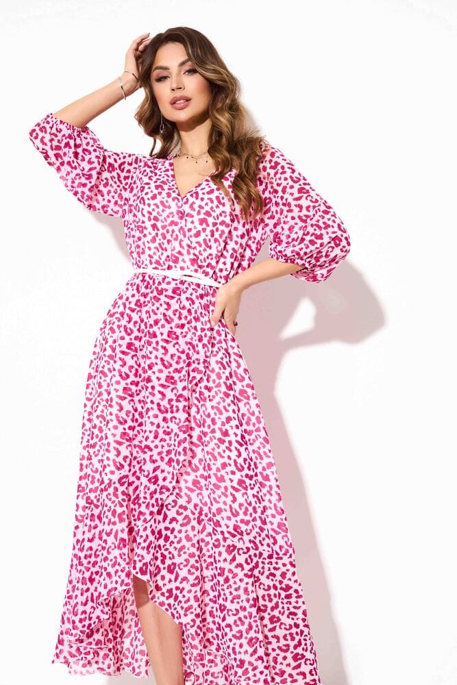 Легкое платье с резинкой на талии и поясом, розовое