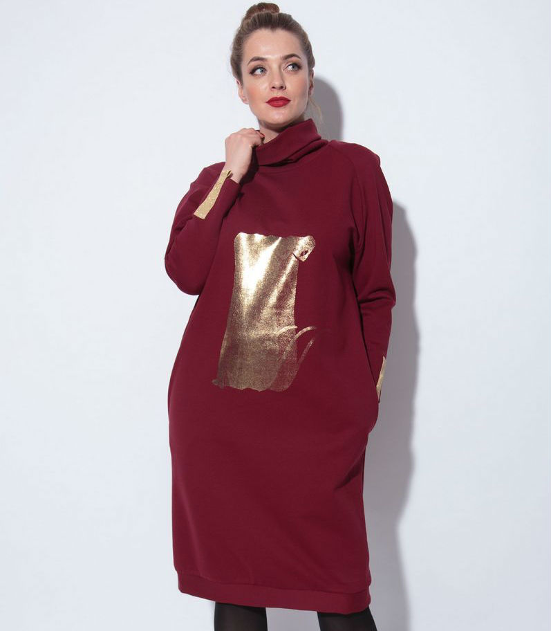 Свободное платье с контрастной печатью, бордо
