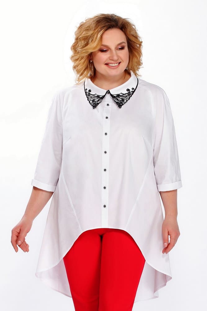 Блуза с перепадом длины и вышивкой на воротнике, белая