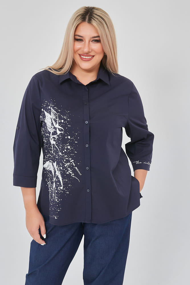 Рубашка с укороченным рукавом и печатью, темно-синяя