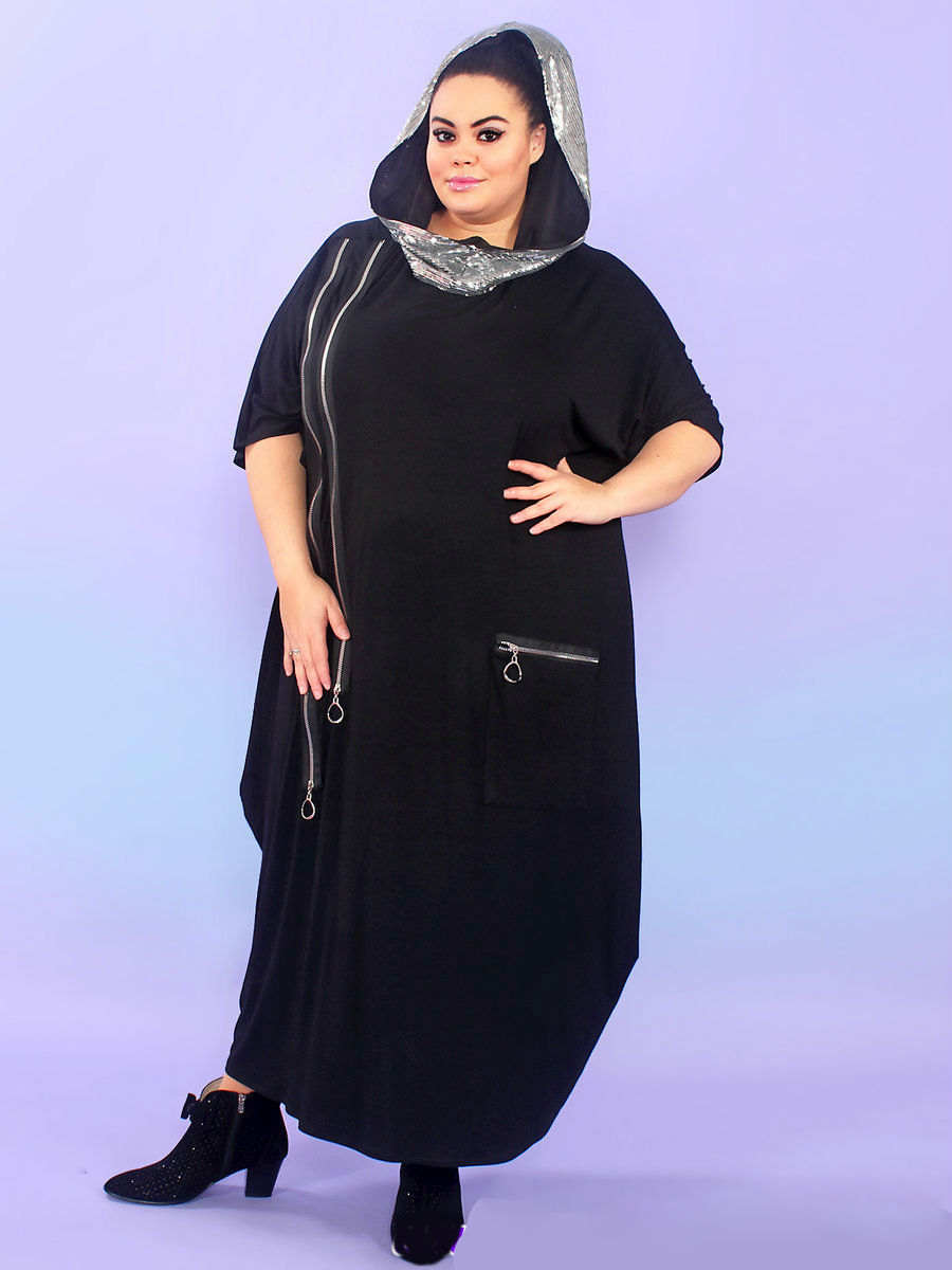 Модное чёрное платье в стиле Бохо с капюшоном из пайеток