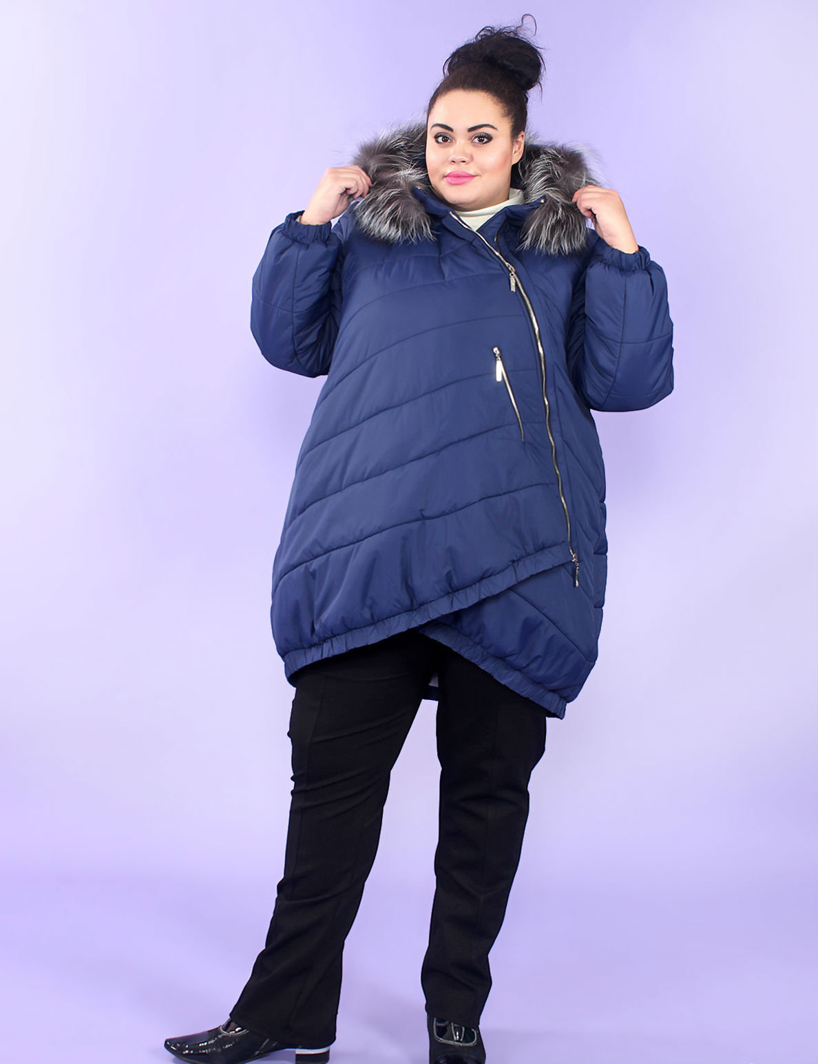 Зимняя куртка с перепадом длины и асимметричной застежкой, синяя