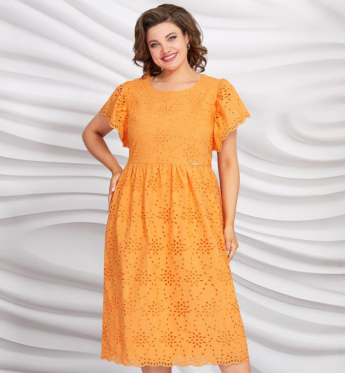 Приталенное платье из хлопкового шитья, оранжевое
