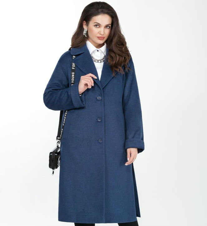 Прямое пальто с пиджачным воротником, темно-синее