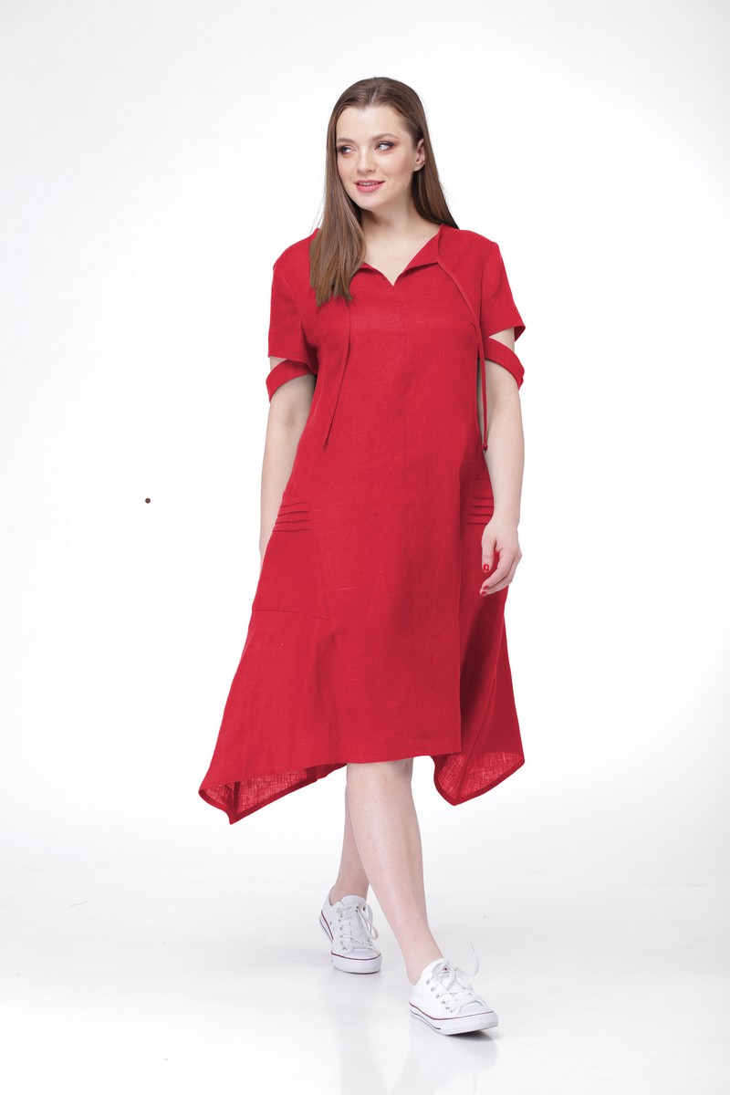 Свободное платье с карманами и оригинальными рукавами, красное