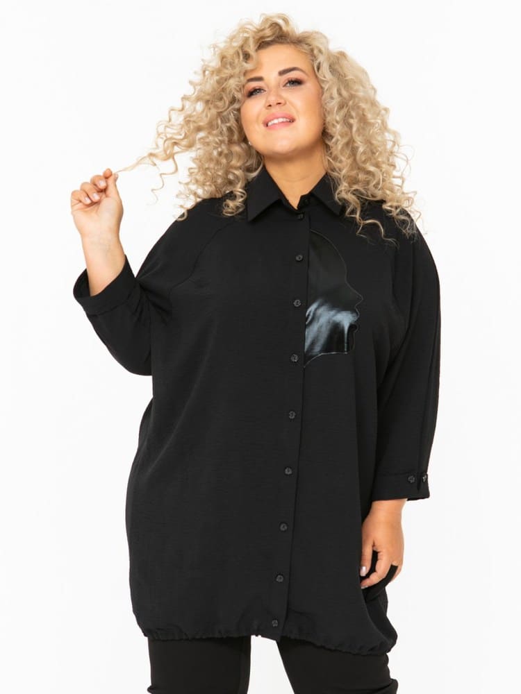 Свободная блузка со вставкой эко-кожи, черная