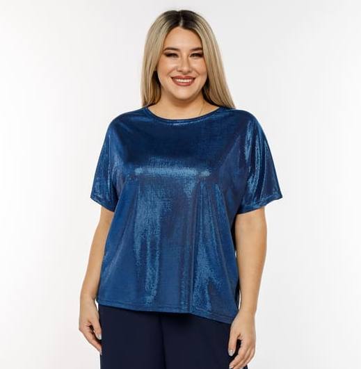 Прямая комбинированная блузка с блеском, синяя