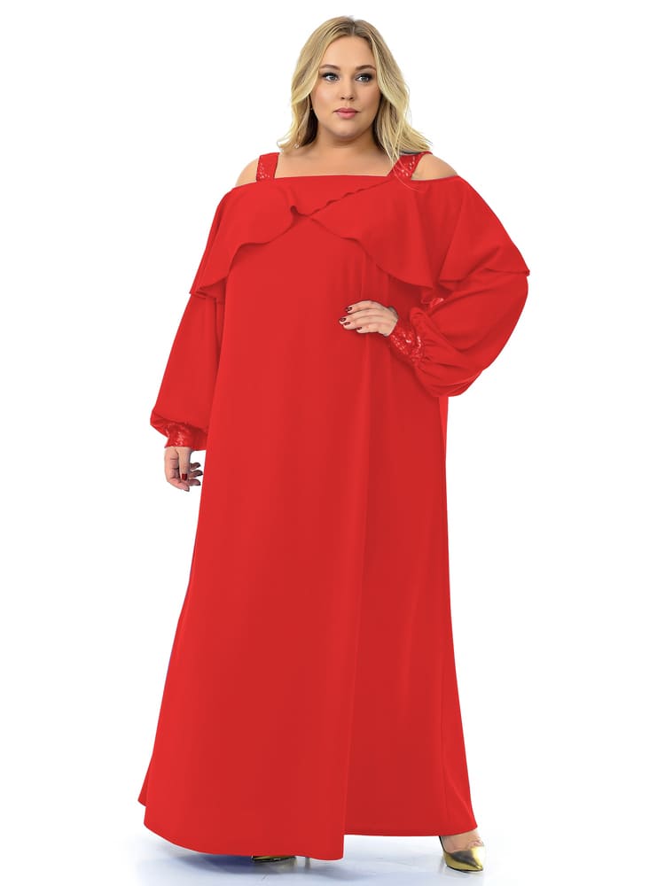 Длинное платье с пайетками на бретелях и манжетах, красное