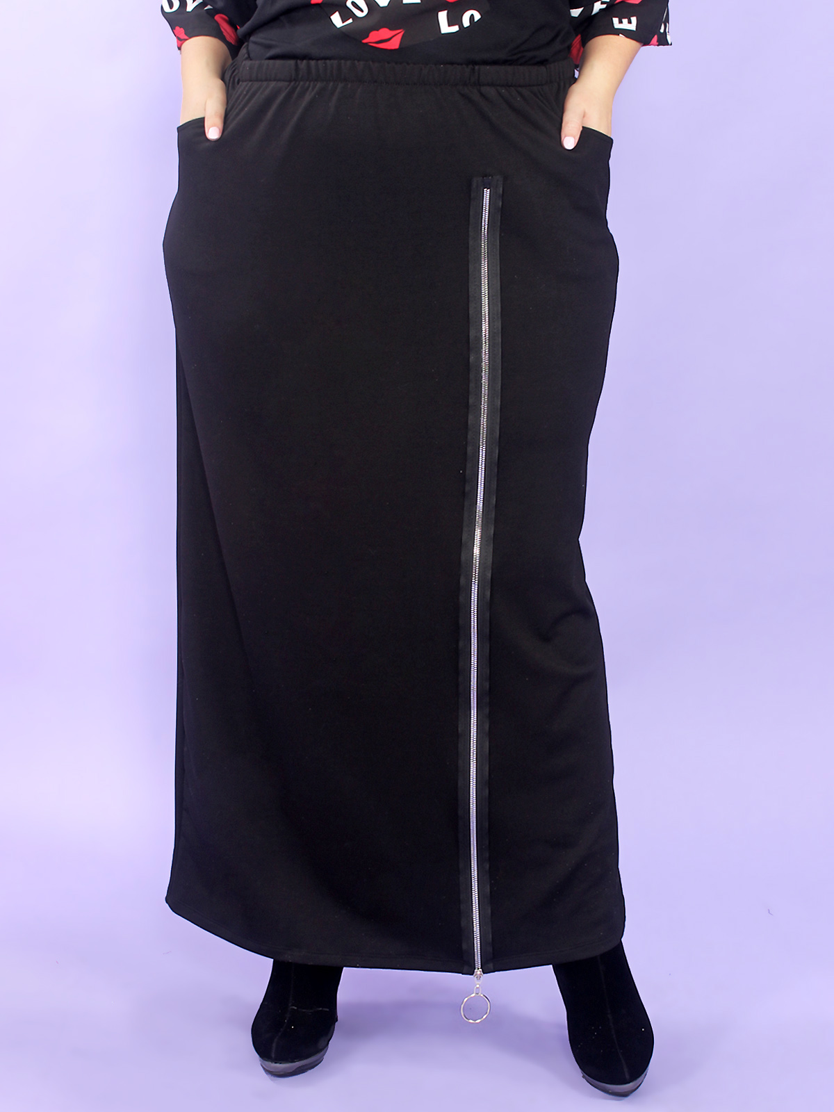Прямая длинная юбка с декоративной молнией, черная
