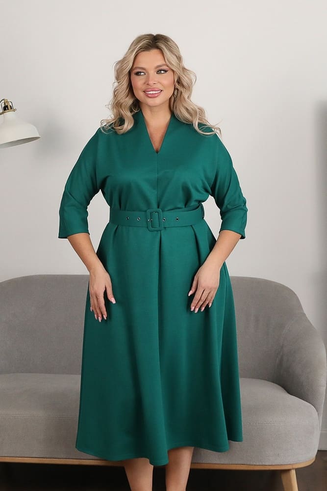 Свободное платье с укороченным рукавом и поясом, зеленое