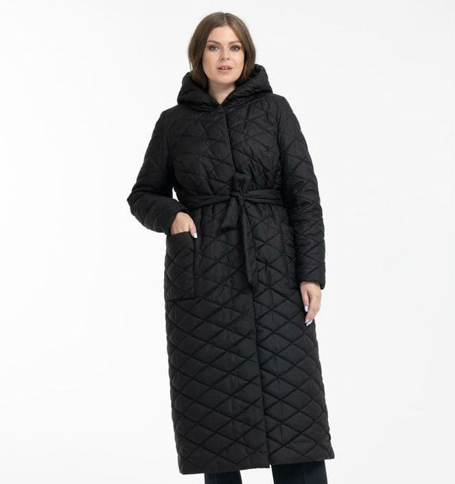 Длинное пальто с капюшоном и поясом, черное