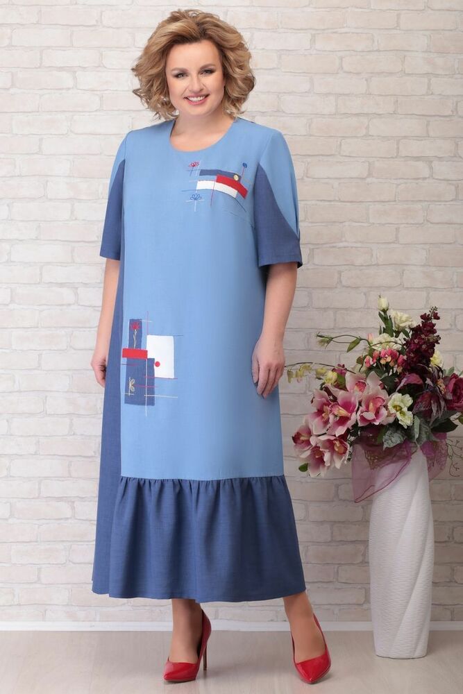 Длинное льняное платье с аппликацией и вышивкой, синее