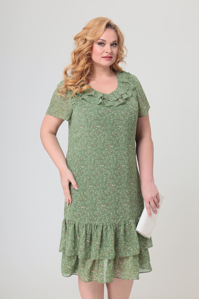 Шифоновое платье с двойными воланами, зеленое