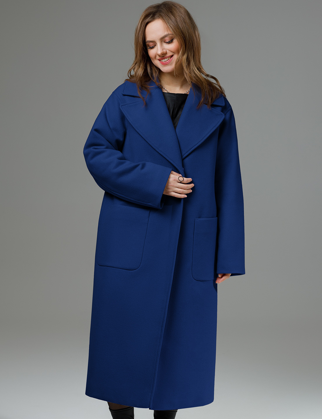 Свободное пальто с пиджачным воротником и поясом, василек