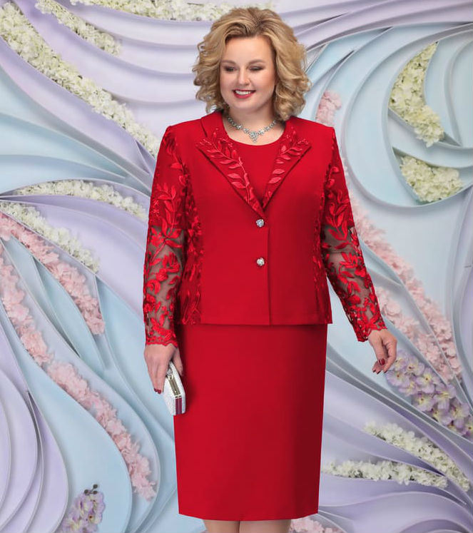 Комплект из платья и блузки с гипюровым декором, красный