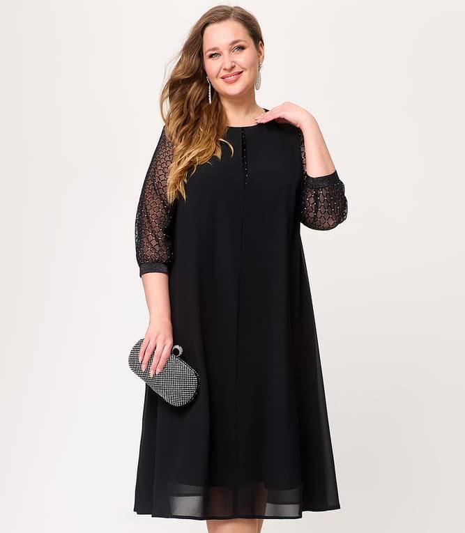 Шифоновое платье с рукавами из сетки, черное