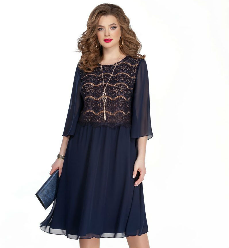 Комбинированное платье на контрастной подкладке, темно-синее