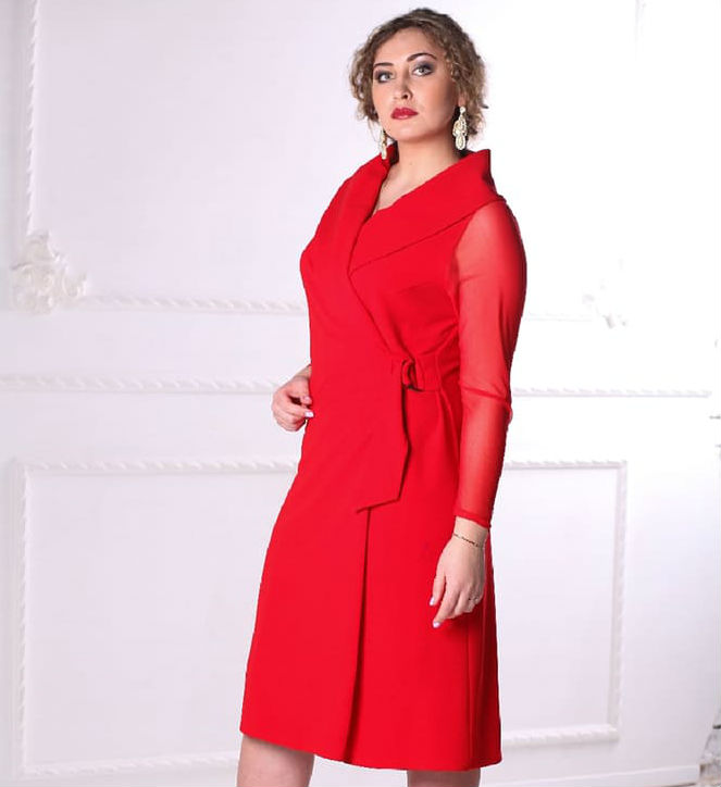Платье с шалевым воротником и рукавом из сетки, красное