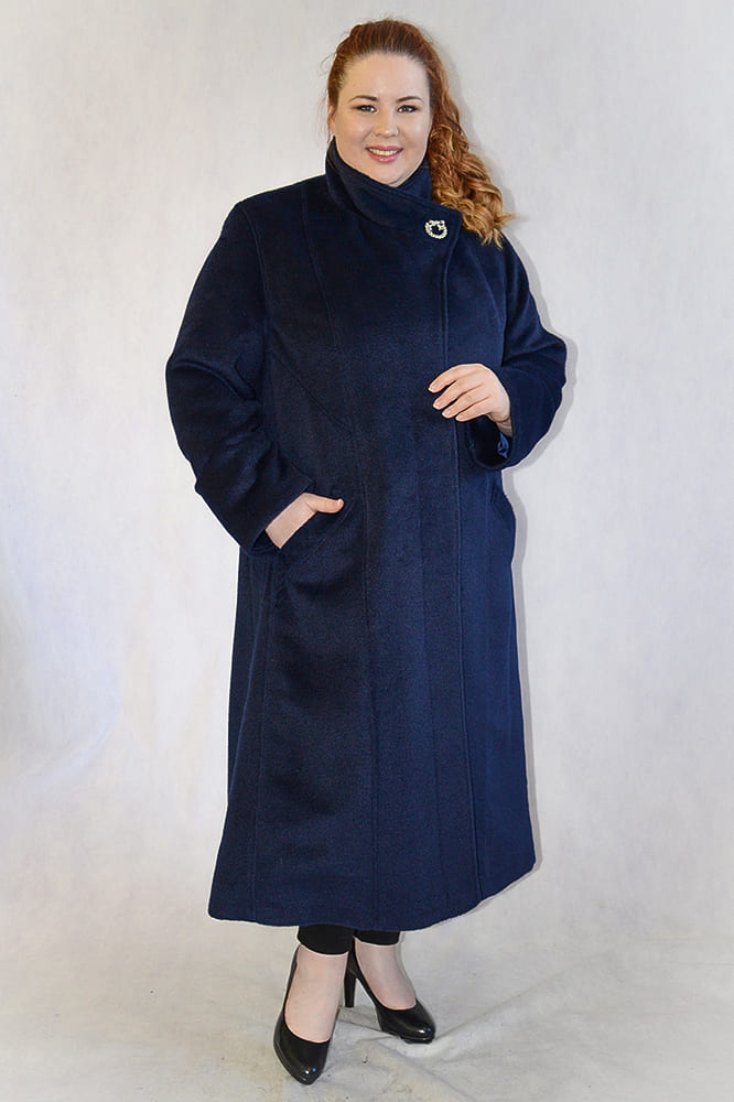 Полушерстяное пальто с воротником, темно-синее