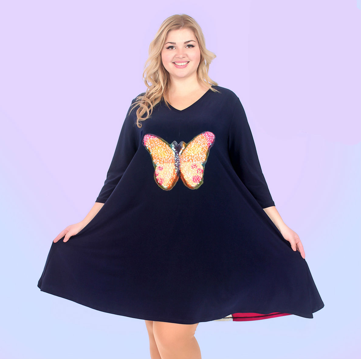 Расклешенное платье с бабочкой-хамелеоном из пайеток, темно-синее