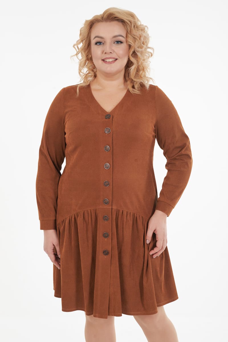 Трикотажное платье с широкой оборкой по низу, коричневое