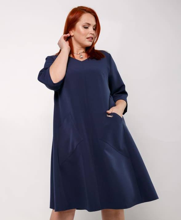 Расклешенное платье с фигурными накладными карманами, темно-синее