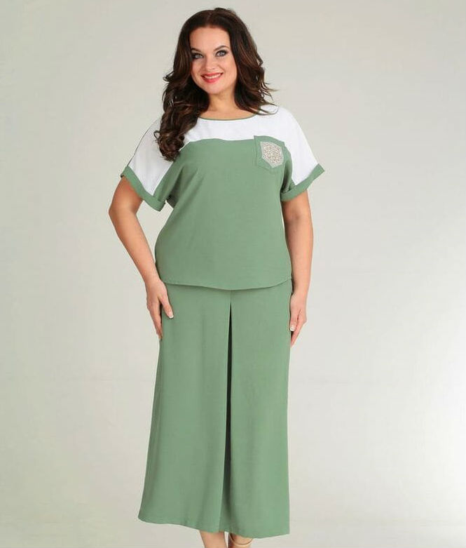 Комплект из укороченных широких брюк и блузона, светло-зеленый