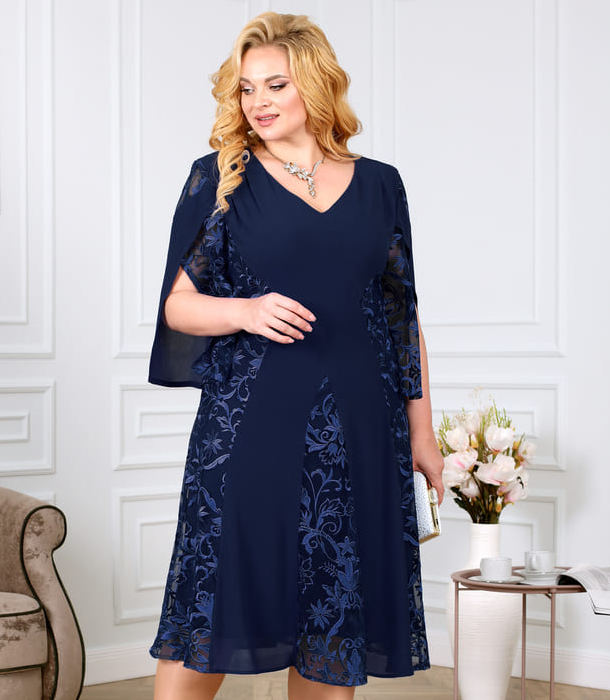 Комбинированное платье с оригинальным рукавом, темно-синее