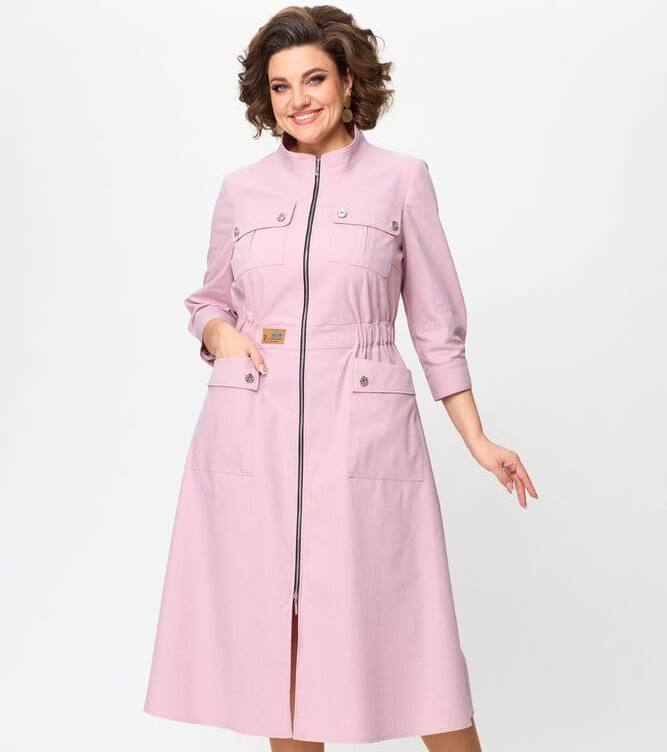 Платье с резинкой на талии и накладными карманами, розовое