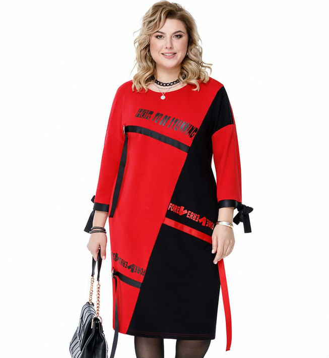 Свободное платье с асимметричным подрезом, красное с черным