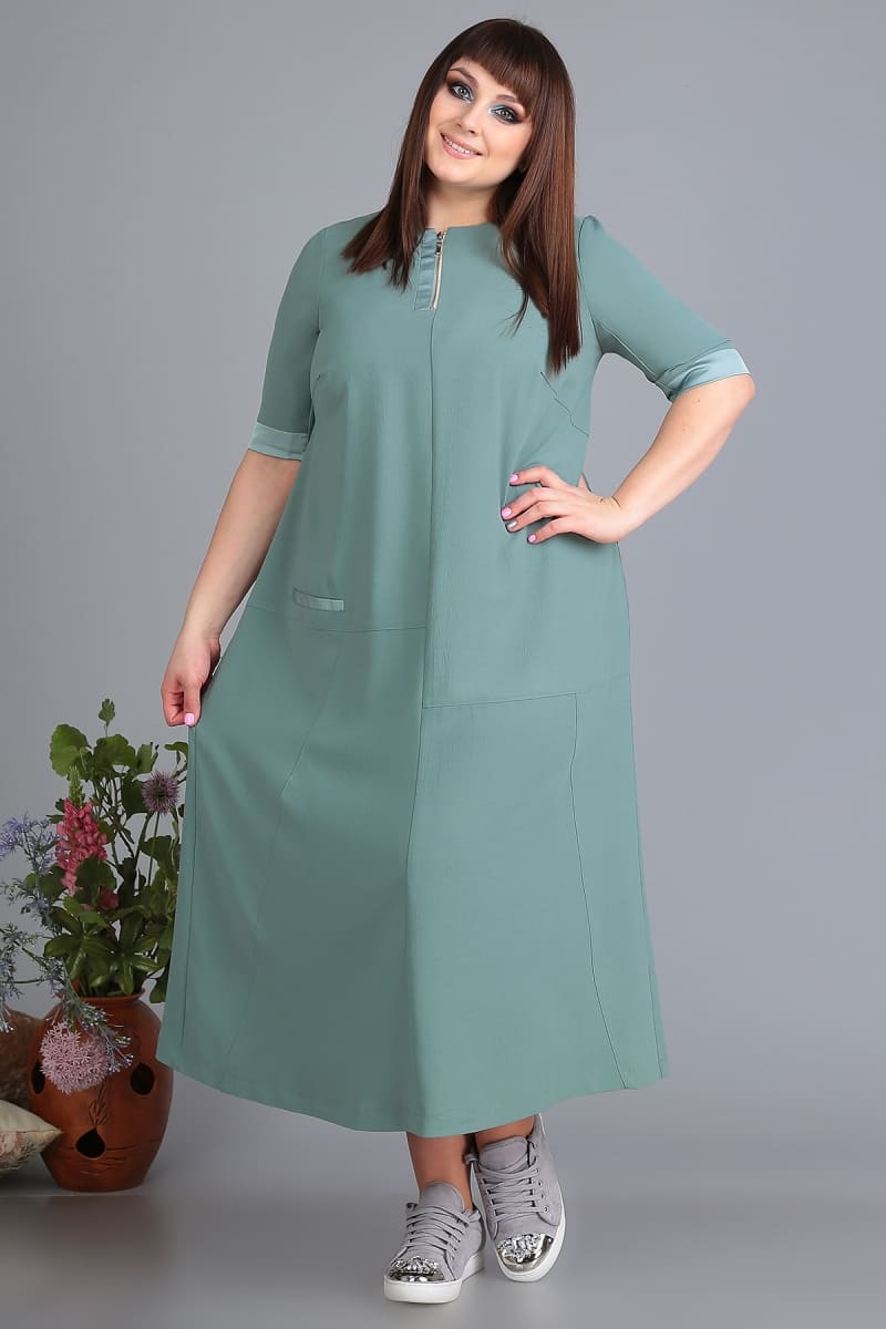 Расклешенное платье с коротким рукавом и отделкой, зеленое