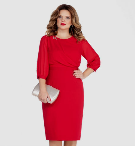 Платье с шифоновыми рукавами и асимметричной драпировкой, красное