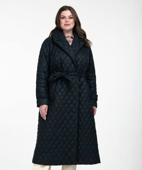 Прямое стеганое пальто с поясом, черное