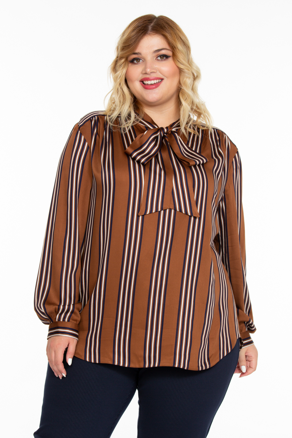 Повседневная блуза в полоску с воротником-бантом, коричневая