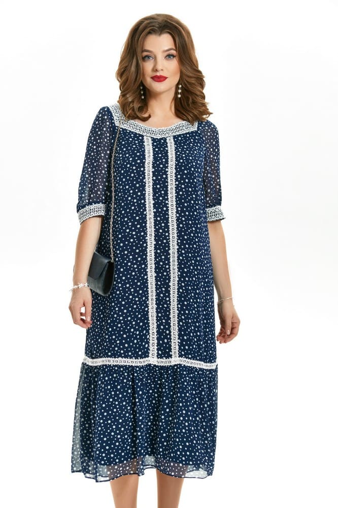 Шифоновое платье с кружевной отделкой, синее в горох
