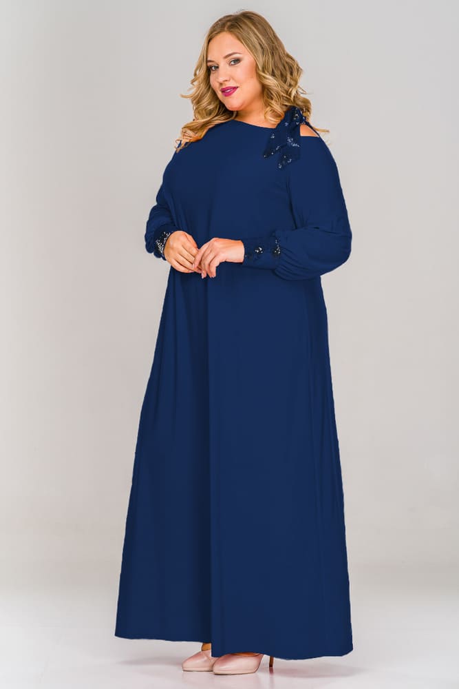 Свободное длинное платье с манжетами из пайеток, синее